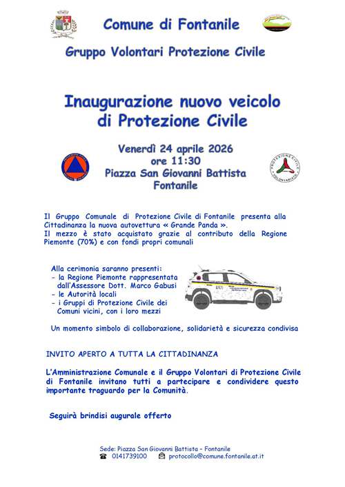 Inaugurazione nuovo veicolo di Protezione Civile venerdì 24 aprile 2026 ore 11:30 in Piazza San  Giovanni Battista