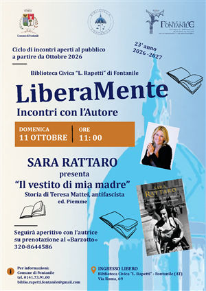 Domenica 11 ottobre 2023 alle ore 11:00 presso la Biblioteca Civica "L. Rapetti" - Liberamente - Ciclo di incontri con l'autore - 23° anno 2026-2027