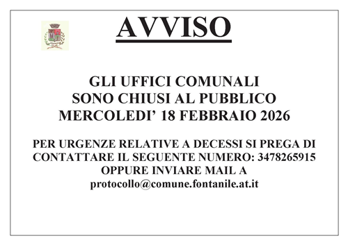 Chiusura uffici comunali mercoledì 18 febbraio 2026