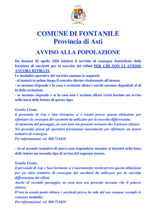 Consegna domiciliare sacchetti per rifiuti indifferenziati e umido